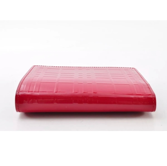 MINT! BURBERRY Check Clasp Bi-fold Folio Wallet Enamel Leather Red - Picture 9 of 10